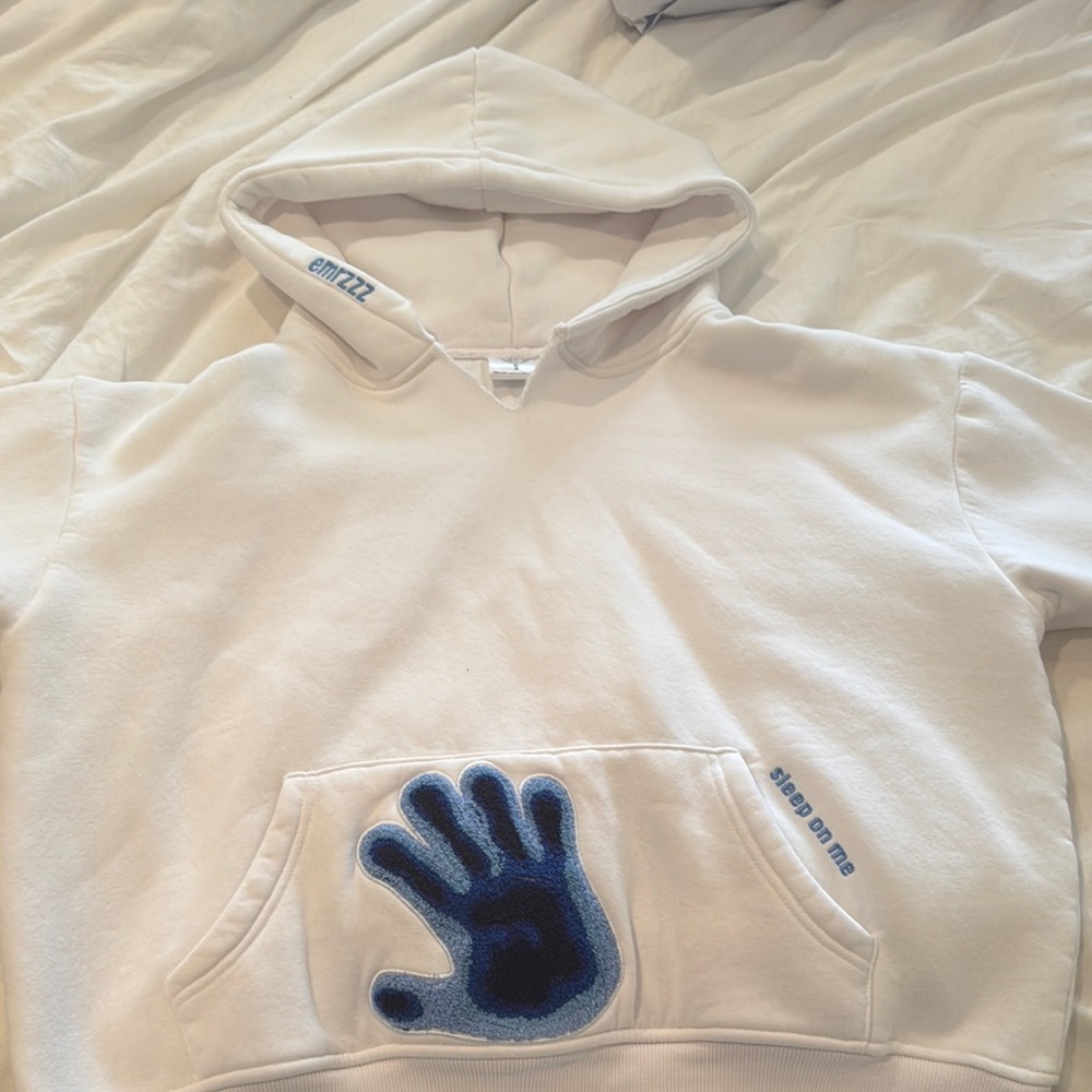 Emrzz white hoodie with thermal blue handprint